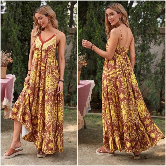 Bohemian Gypsy Army Green Ruffle Cami Maxi Dress Floral - Picture 3 of 6